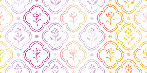 Seamless pattern of stylized floral motifs in pastel colors within quatrefoil frames on white background