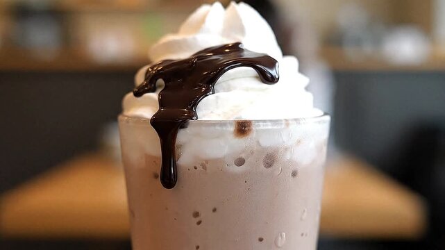 Chocolate milkshake with whipped cream and fudge sauce, delicious frozen cocoa smoothie in glass, decadent sweet frappe dessert for cafe menu