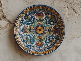 Ornate ceramic plate on a textured surface