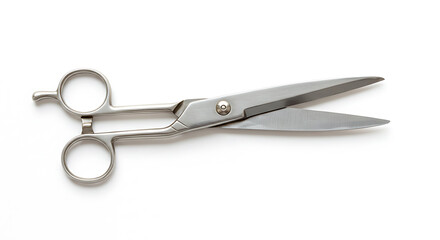 Obraz premium Pair of Silver Metal Scissors Isolated on White Background with Subtle Shadow