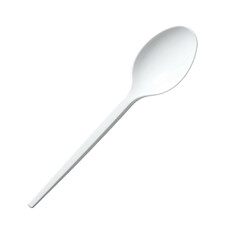 Single white plastic spoon, simple design, long handle, angled view