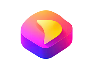 Vibrant, hexagonal icon; 3D effect; play button; gradient colors