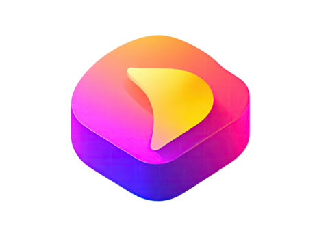 Vibrant, hexagonal icon; 3D effect; play button; gradient colors