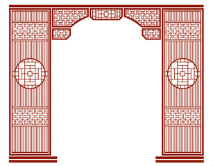 Vector Illustration of Traditional Chinese Wooden Door Frame with Classic Lattice Patterns, Oriental Archway Design, Feng Shui Inspired Architecture for Decoration and Interior Design Elements