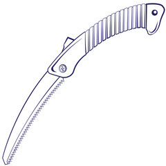 Hand Drawn Vector of Portable Folding Hand Saw Tool with Sharp Teeth Blade and Anti Slip Grip Handle for Forestry, Carpentry, Bushcraft, Survival Gear, and Landscaping Equipment