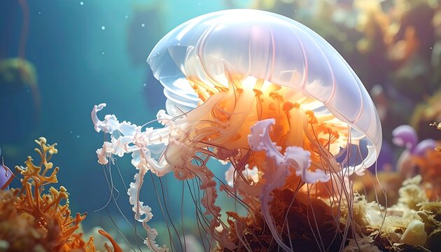 Beautiful jellyfish in underwater coral reef