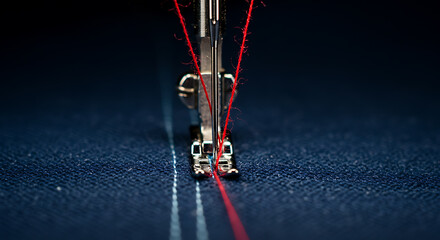 Sewing machine needle with red thread on blue fabric, close-up of stitching precision and craftsmanship