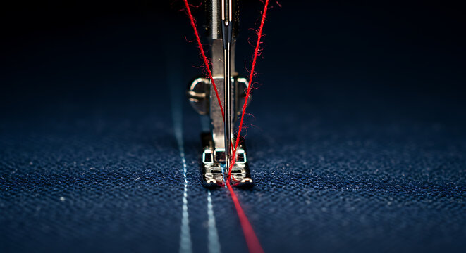 Sewing machine needle with red thread on blue fabric, close-up of stitching precision and craftsmanship - Powered by Adobe