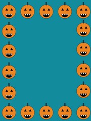 A simple Halloween background featuring a teal backdrop with a border of cartoon jack-o'-lanterns
