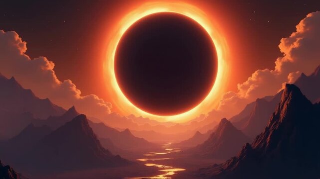 Animation A mysterious planet eclipses the sun, creating an otherworldly atmosphere on a desolate, mountainous terrain.