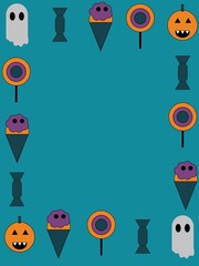 A minimalist Halloween background featuring a teal backdrop with a border of spooky and sweet icons
