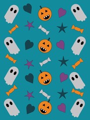 A minimalist Halloween background featuring a teal backdrop with a border of spooky and sweet icons
