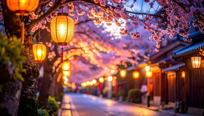 Cherry blossoms illuminate a Japanese street at dusk