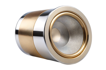 Cylindrical speaker driver with gold and silver metallic finishes and textured surface cutout png isolated on a transparent background