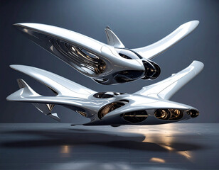 Two impossible flying vehicles with a sleek, liquid-metal aesthetic hovering in a futuristic space