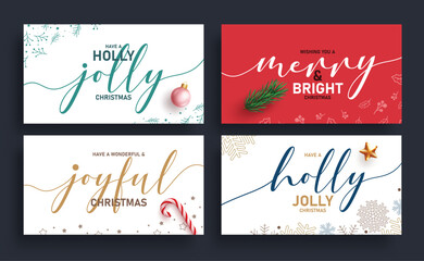 Christmas greeting calligraphy card clipart poster set. Christmas greeting font, text and typography clip art with joyful, holly, jolly, merry and bright clip art collection for holiday season banner 
