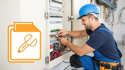 An electrician wearing a blue hard hat and work clothes is working on an electrical panel, connecting wires with tools in his hands, focused on his task