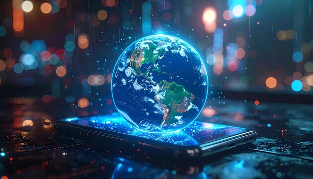 Earth on a phone, digital glow