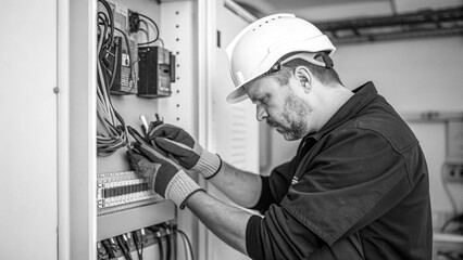 Black and white image of an electrician wearing a white hard hat, focused on working with wires inside an electrical panel, highlighting the detailed and precise nature of electrical work