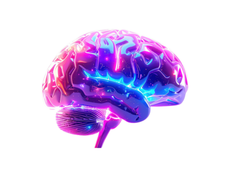 Psychedelic 3D brain, vibrant neon colors, glowing details