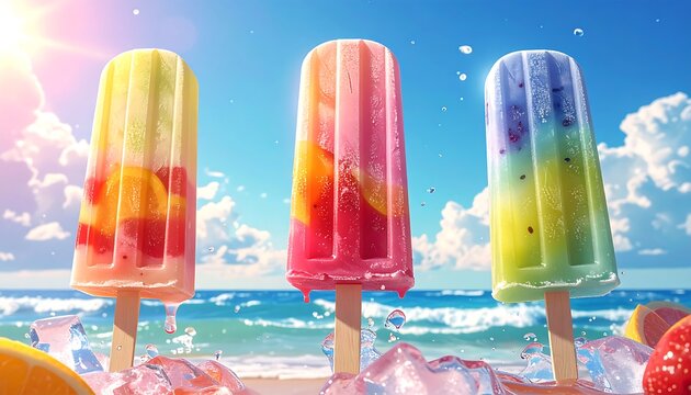 Colorful fruit popsicles on a sunny beach