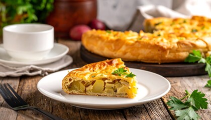 A slice of savory potato pie on a plate
