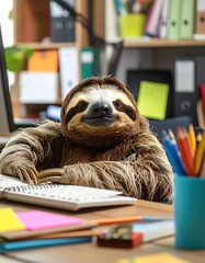 A sloth in an office setting