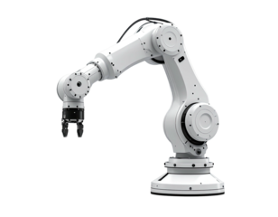 White industrial robot arm, angled view