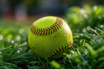 Get ready to play ball with this vibrant yellow softball resting in lush green grass, capturing the spirit of summer sports and outdoor recreation