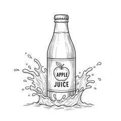 A hand-drawn illustration of an apple juice bottle splashing into liquid.