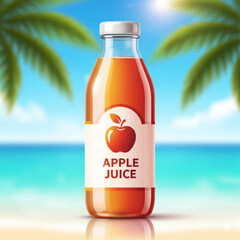 A refreshing bottle of apple juice sits on a beach, palm trees sway in the background.