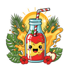 Cartoon illustration of a smiling apple juice bottle with tropical elements, sun, and splashes.