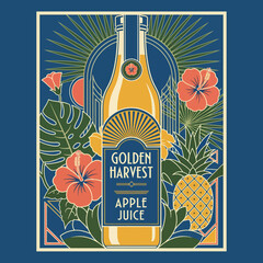 A stylized illustration of a bottle of Golden Harvest apple juice, surrounded by tropical foliage and flowers.