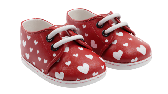 Pair of red baby shoes with white hearts isolated on transparent background