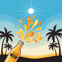 Apple juice bottle spraying liquid in a tropical beach setting with palm trees and a shining sun.