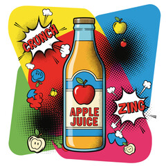 A vibrant illustration of a bottle of apple juice, surrounded by comic-style elements and apples.