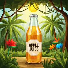 Polygonal illustration of an apple juice bottle in a jungle setting with palm trees and flowers.