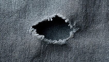 Close-up of distressed denim fabric with a hole