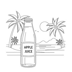 A glass bottle of apple juice sits on a beach scene with palm trees and a sun.