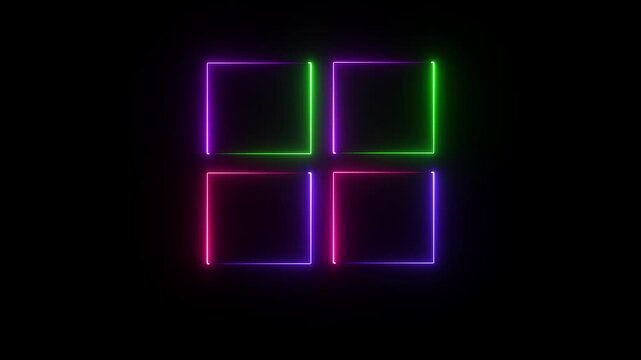 glowing neon square rectangle picture frame icon animation shape frame border frame photo frame neon box sign symbol.neon display box screen photo frame retro movement with black background.4k video.