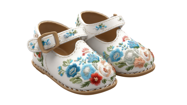 Ornate embroidered baby shoes isolated on transparent background