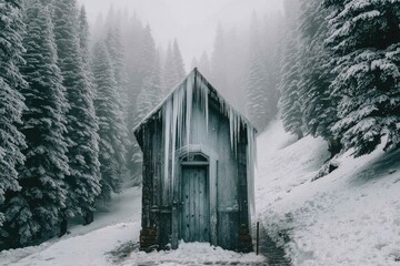 Icy cabin nestled in a snowy forest