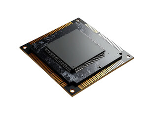 Square black processor chip on a gold circuit board