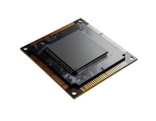 Square black processor chip on a gold circuit board