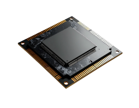 Square black processor chip on a gold circuit board