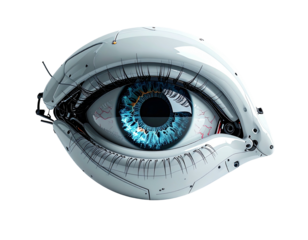 Futuristic, mechanical eye with a detailed iris