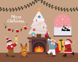 05 메리크리스마스 벽난로와 트리 아이들 일러스트