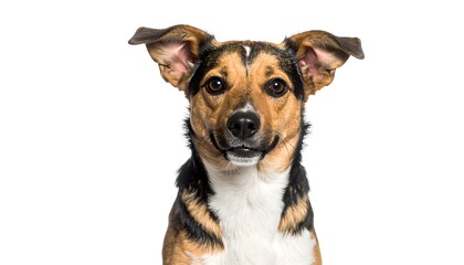 A friendly mixed-breed dog stares intently