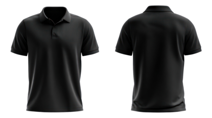 Black polo shirt front and back view isolated on transparent background