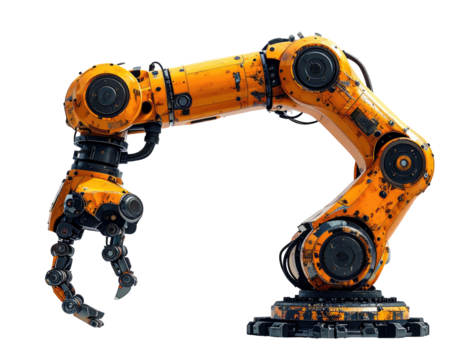 Orange robotic arm, intricate design, mechanical hand